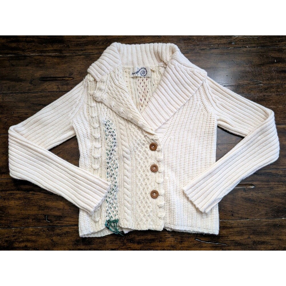 Rosie Neira Chunky Cable Knit Cardigan XS Cream Wool Blend Boho Cottagecore Wood